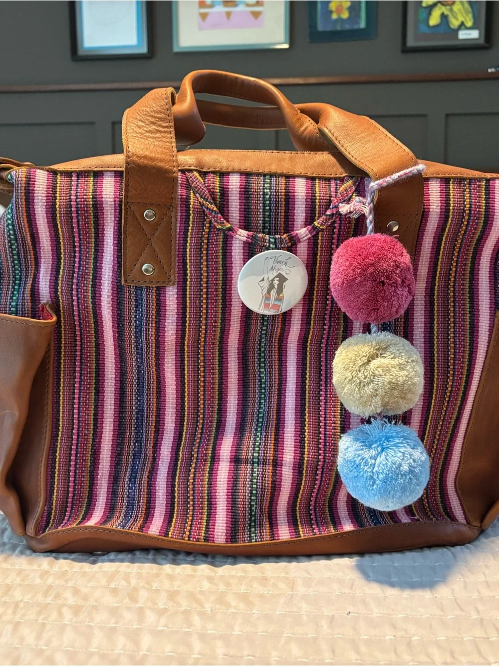 Nena & Co. Pink Striped Canvas Tote with Pom Pom Charm